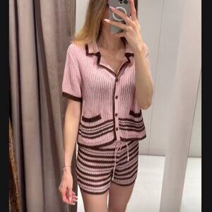 Zara Structured Knit Polo Jacket Pink and Brown L NWT 3920/258